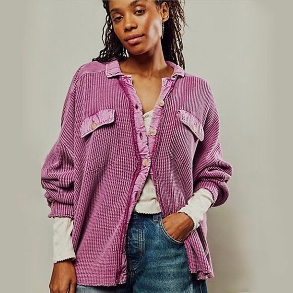 EUC Free People FP One Scout Dip Dye Oversized Thermal Jacket Shirt Cotton Sz XS - Picture 1 of 16
